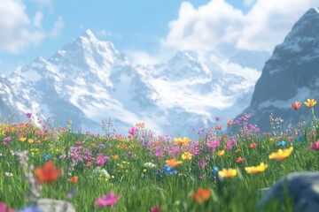 Fototapeta premium A serene alpine meadow with wildflowers and distant peaks