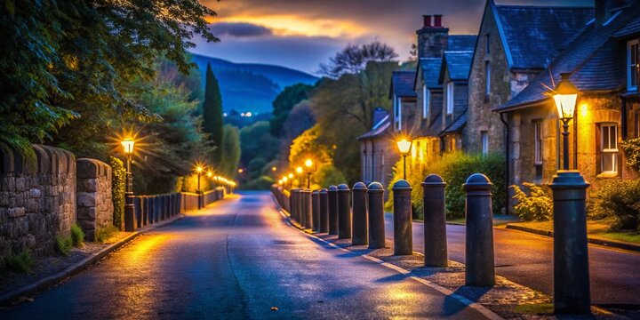 Low Light Scottish Village Lane, Stone Bollards, Trees - Atmospheric Stock Photo