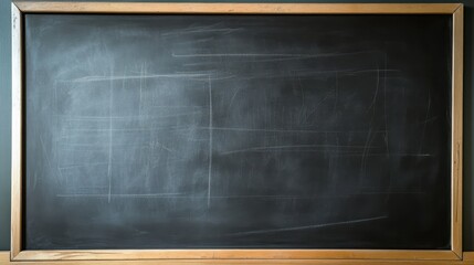 A blank blackboard with light chalk markings, featuring a classic wooden frame. Ideal for educational settings or creative brainstorming.