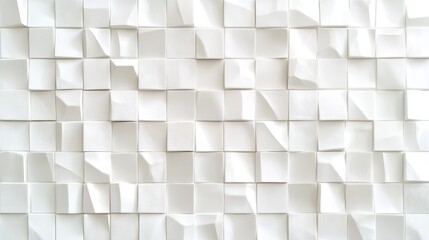 An abstract white wall featuring a textured pattern of crumpled squares, creating a rhythmic visual flow and a serene atmosphere.