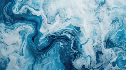 Abstract fluid art featuring swirling blue and white colors, creating a serene ocean-like atmosphere