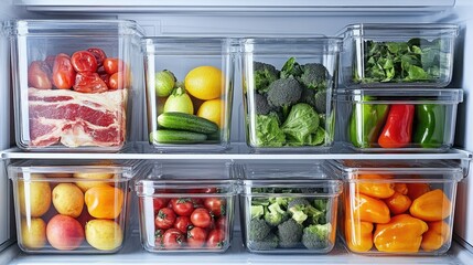 Glass containers safely storing leftovers, meat, and fresh produce in fridge