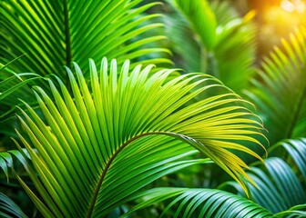 Lush Green Palm Leaves Close-Up: Tropical Summer Vacation Background