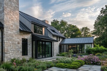 A beautifully designed modern stone house, surrounded by a lush garden, showcases stunning architecture that is even more breathtaking at sunset