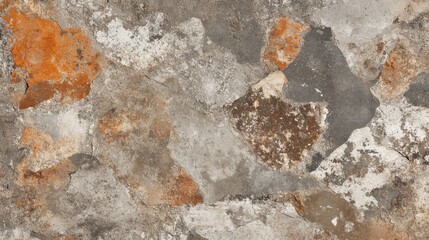An abstract close-up of weathered concrete with orange and gray patches, showcasing the textures and colors of aged surfaces.
