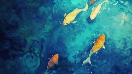 Naklejka premium Colorful koi fish swimming gracefully in a serene blue pond, surrounded by rippling water and aquatic plants