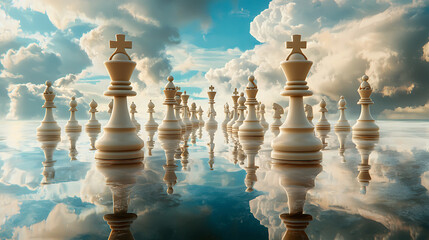 Fototapeta premium Surreal landscape of ocean with chess pieces reflecting in water