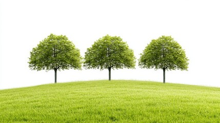 Obraz premium Three evenly spaced trees on lush green grass against bright sky environmental balance nature symmetry ecological stability minimal landscape composition peaceful outdoor scene