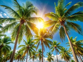 Lush Palm Trees Against Vibrant Blue Sky - Tropical Paradise Stock Photo