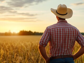 Wheat field at sunset with farmer in cowboy hat looking over golden crops in warm glowing light agricultural landscape rural serenity harvest season