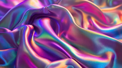 Obraz premium A vibrant, iridescent fabric flows gracefully, showcasing hues of purple, blue, and gold. The silky texture creates a mesmerizing visual effect.