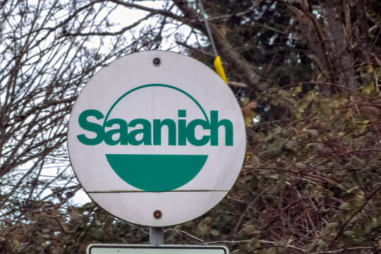 Victoria, British Columbia, Canada. Feb 21, 2025. A Saanich sign, a district municipality on the southern end of Vancouver Island in British Columbia, Canada, within the Greater Victoria area
