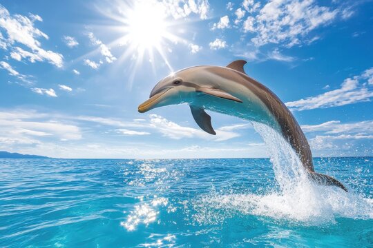 A playful dolphin jumping out of the ocean - Powered by Adobe