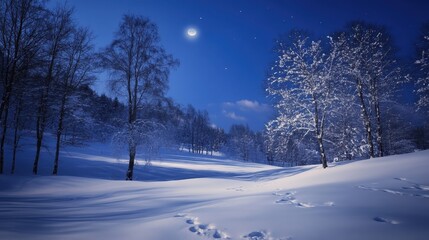 Fototapeta premium A serene winter night scene featuring snow-covered trees under a bright moonlit sky, evoking a peaceful and tranquil atmosphere.
