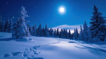 A serene winter landscape featuring snow-laden trees under a bright moonlit night, casting an ethereal glow across the untouched snowy terrain.
