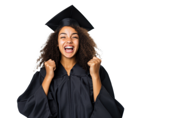 A young woman in graduation attire expresses her joy and pride after completing her university studies. Her excitement reflects years of hard work and dedication. Isolated on green chroma background