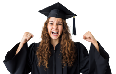 A joyful university graduate in a black cap and gown celebrates her academic success. She raises her fists in excitement, expressing her happiness and pride. Isolated on green chroma background