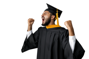 A university graduate wearing a cap and gown expresses pure joy by shouting and raising his fists in celebration. Isolated on green chroma background