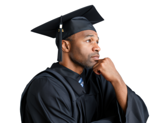 A graduate in a black cap and gown thoughtfully contemplates his future goals, symbolizing the accomplishments of higher education and personal development. Isolated on green chroma background