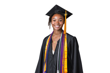 A joyful university graduate stands confidently in a graduation gown, adorned with honor cords, celebrating a significant academic milestone. Isolated on green chroma background