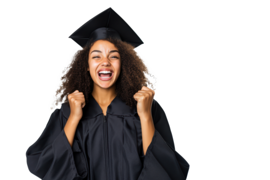 A young woman in graduation attire expresses her joy and pride after completing her university studies. Her excitement reflects years of hard work and dedication. Isolated on green chroma background
