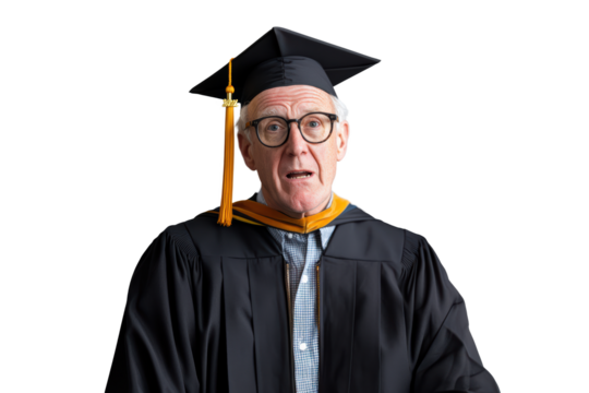 A proud elder graduate stands wearing a cap and gown, expressing joy and accomplishment after completing university studies. Isolated on green chroma background
