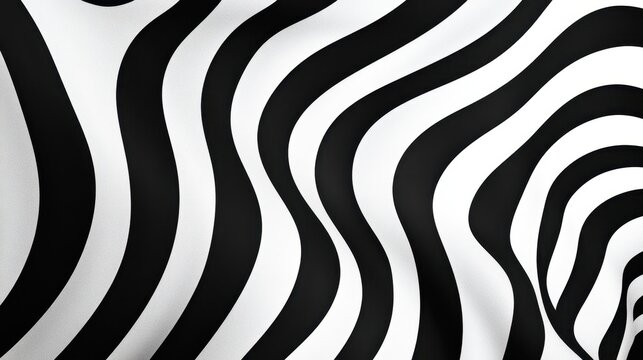 A striking abstract pattern featuring smooth, flowing black and white stripes creating a sense of movement and depth.