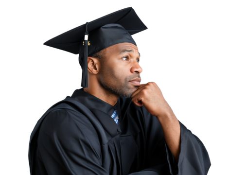 A graduate in a black cap and gown thoughtfully contemplates his future goals, symbolizing the accomplishments of higher education and personal development. Isolated on green chroma background