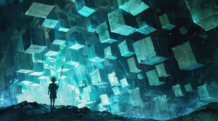 A child stands in a mysterious cave filled with floating cubes, exploring a surreal, illuminated environment