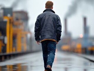 Obraz premium Solitary man in industrial landscape walking towards factory chimneys with air pollution haze symbolizing environmental concerns