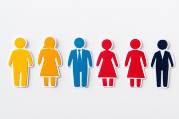 Gender equality concept with colorful human figures in balanced formation on white background representing diversity and social justice