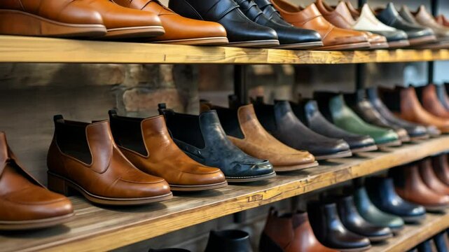 Variety of stylish shoes displayed on wooden shelves in a modern boutique setting