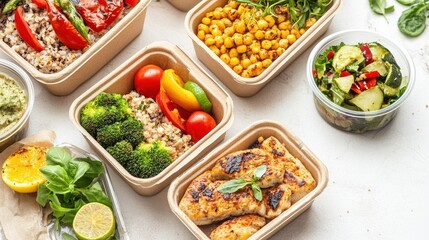 Meal delivery boxes with nutritious dishes, convenience and wellness theme. 