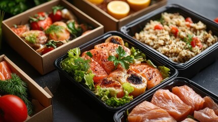Meal delivery boxes with nutritious dishes, convenience and wellness theme. 