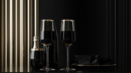 Elegant black champagne setup featuring two fluted glasses and a bottle, complemented by a sleek black plate, creating a sophisticated atmosphere.