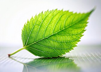 Obraz premium Macro Close-up of Vibrant Green Leaf Isolated on White Background - Tilt-Shift Photography