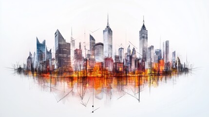 Naklejka premium Abstract city skyline with vibrant colors and reflections.