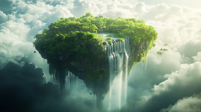 A floating island covered in lush greenery and waterfall