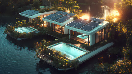 Obraz premium Energy-saving country house with solar panels on the roof, a swimming pool and a mini park around. Solar-Powered Floating Temples. Illustration