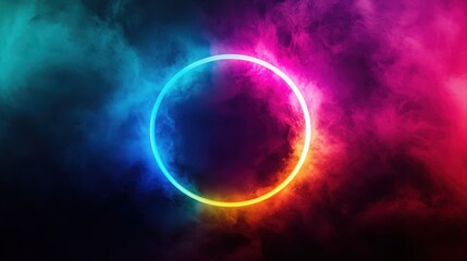 Obraz premium A vibrant circular neon glow surrounded by a mystical blend of colorful smoke, creating an enchanting and ethereal atmosphere.