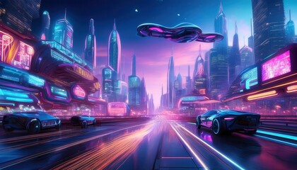 Naklejka premium Firefly Neon Cyberpunk Cityscape with Holographic Billboards and Flying Cars
