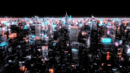 Futuristic cityscape illuminated with neon lights against a dark backdrop.