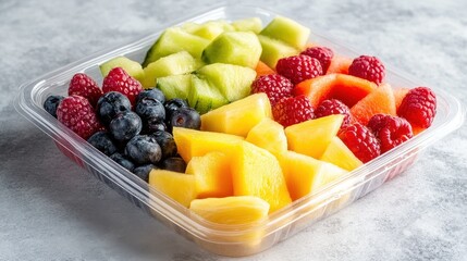 Selection of fresh fruit slices including melon, pineapple, and berries, artfully presented in a clear, compostable container, with a light grey backdrop. 