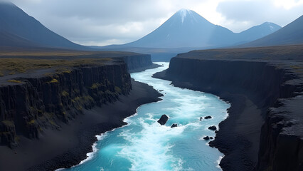 Mountain River Flowing Through Unique Volcanic Landscape with Dramatic Scenery and Natural Beauty in a Geological Setting