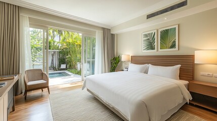 Tropical villa with modern bedroom and lush garden, blending clean design and natural serenity.