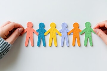 Hands holding multicolored paper cutout figures in unity symbolizing diversity inclusion teamwork social equality cooperation and strong community bonds on neutral background