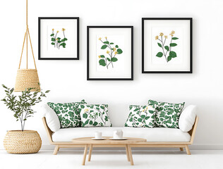 modern living room featuring framed botanical art, cozy sofa, and decorative cushions