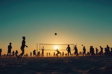 A group of teenagers playing volleyball on a sandy court, energy
