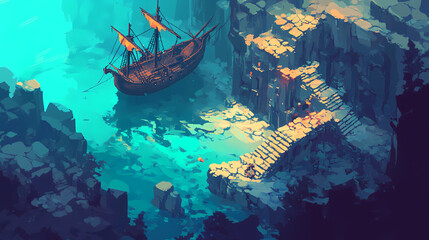 Sunken pirate ship hidden in a fantastical underwater realm. Chasm of the Forgotten. Illustration