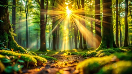 Obraz premium Magical Sunbeams in Forest, Miniature Tilt-Shift Photography